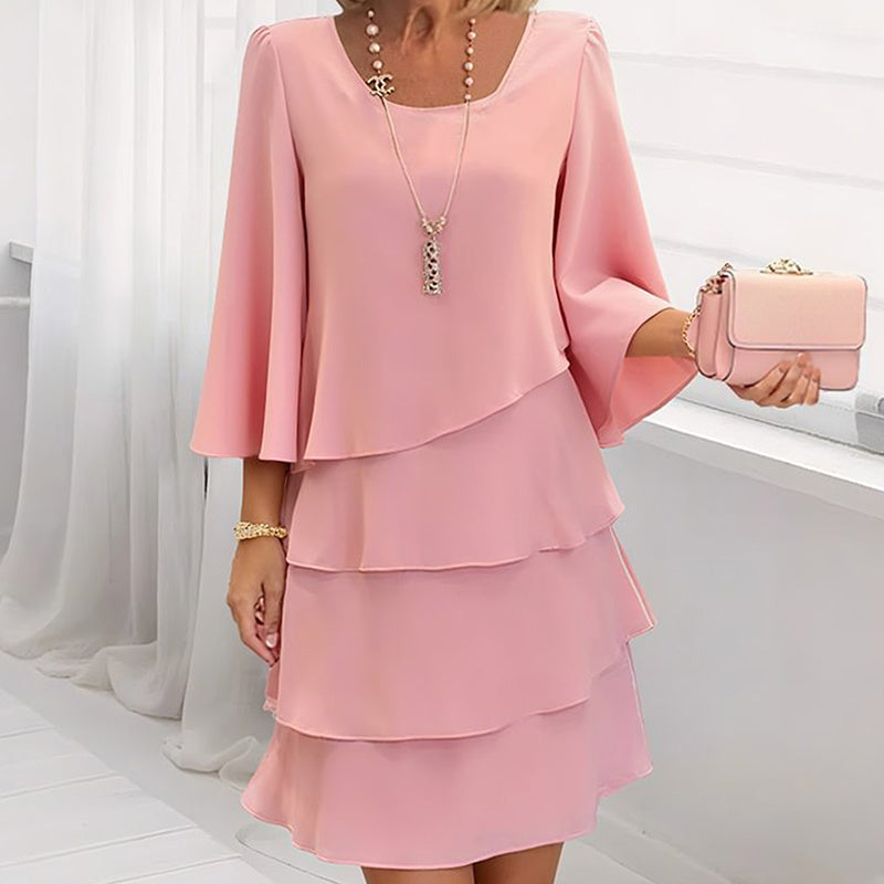 Women's Long Sleeve Crew Neck Tiered Layered Midi Dress , Asymmetrical Hem A-Line Short Elegant Party Dress
