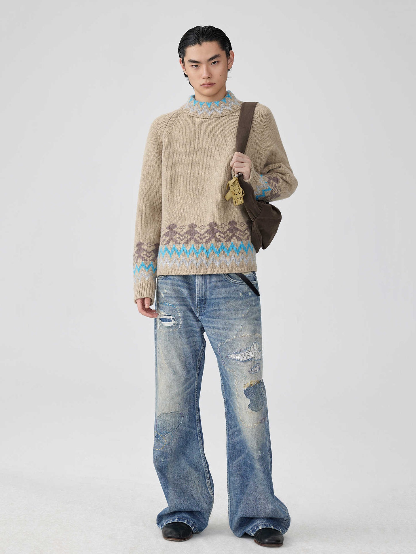 Washed Blue Patch Color Wire-track Flared Jeans