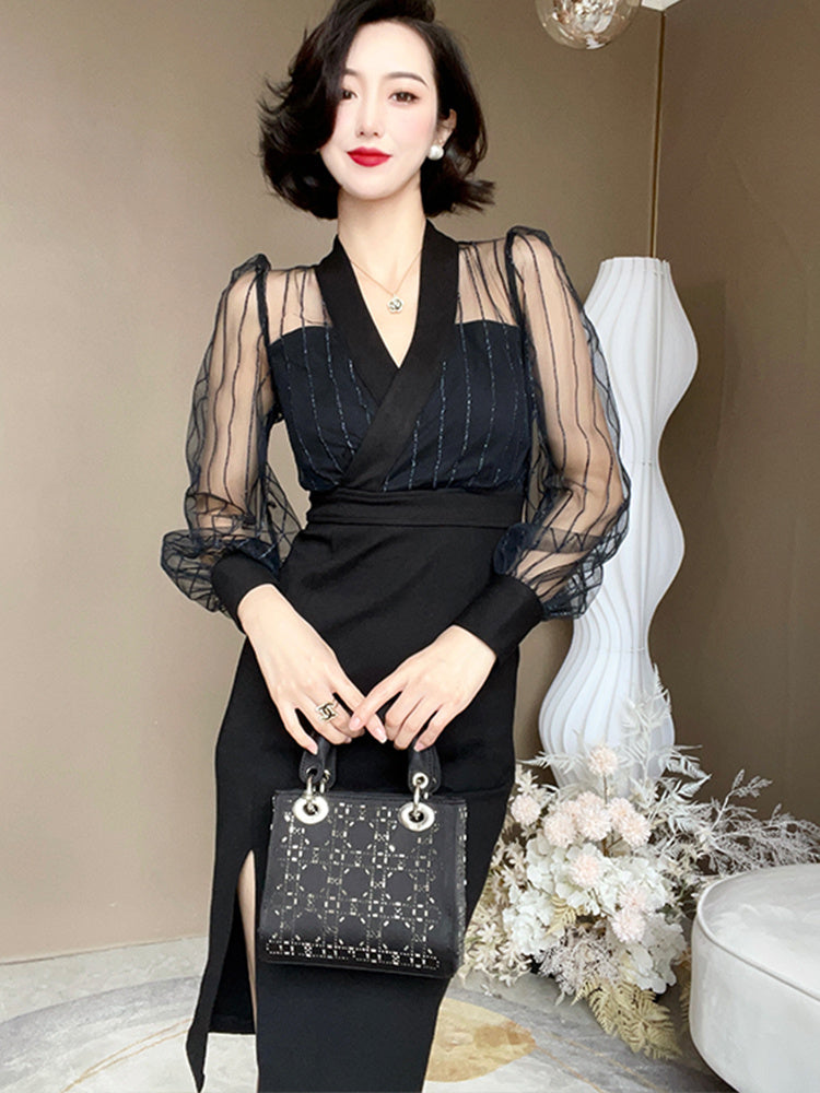 Women's French Slim Fitting Mesh Patchwork Dress