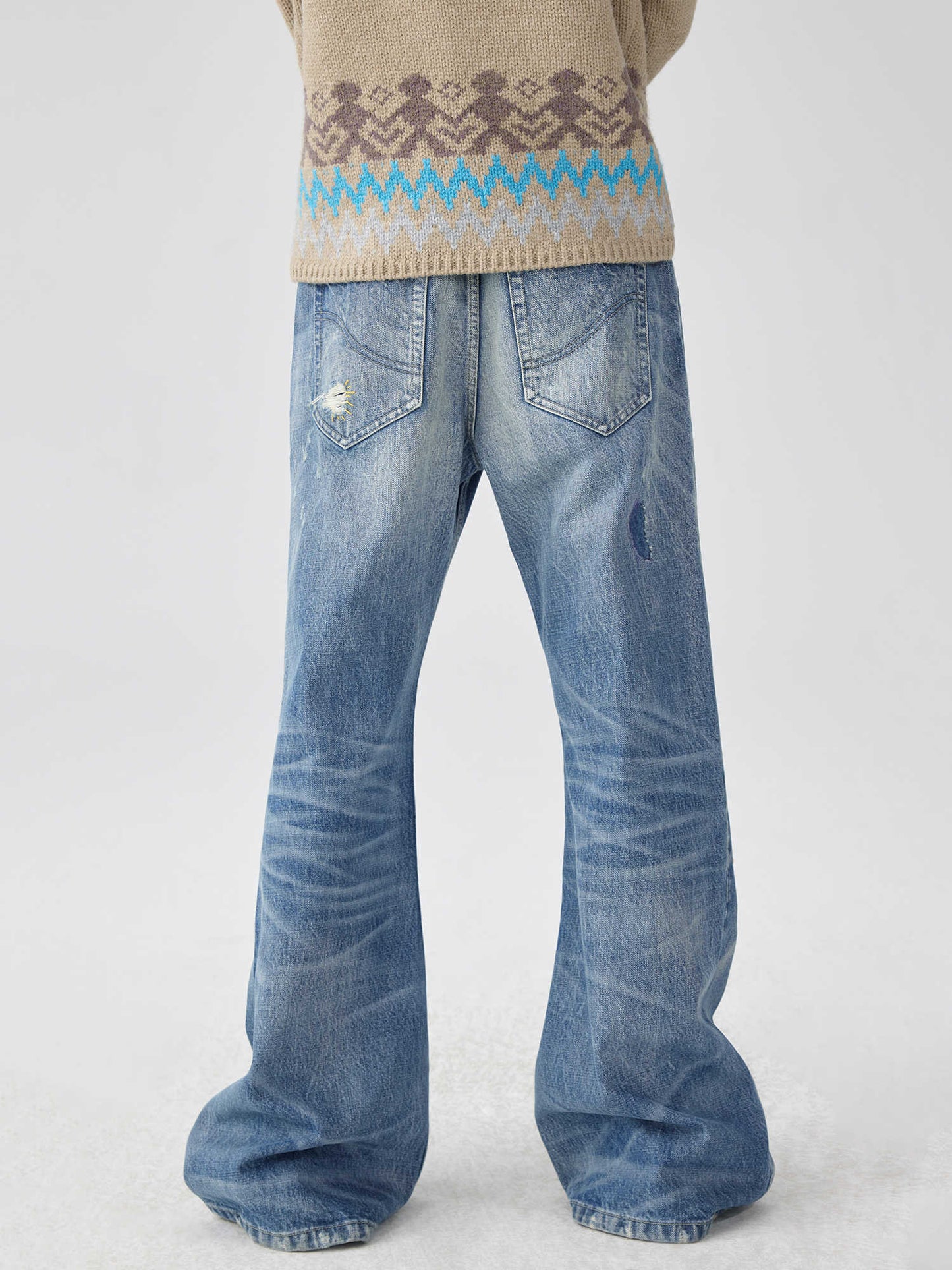 Washed Blue Patch Color Wire-track Flared Jeans