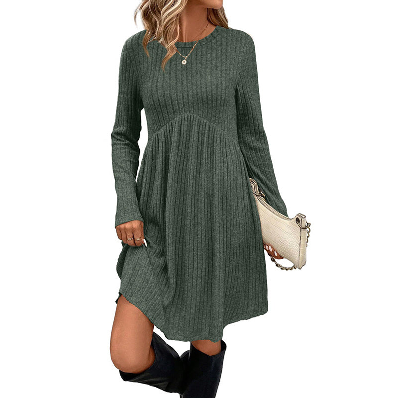 Women's Solid Color Long Sleeve Knit Dress Round Neck Pocket Shift Dress For Spring & Fall