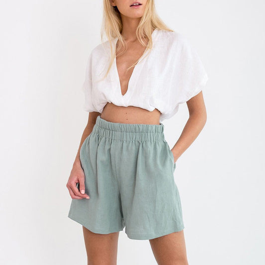 Casual Cotton Linen Shorts Elastic Waist Loose