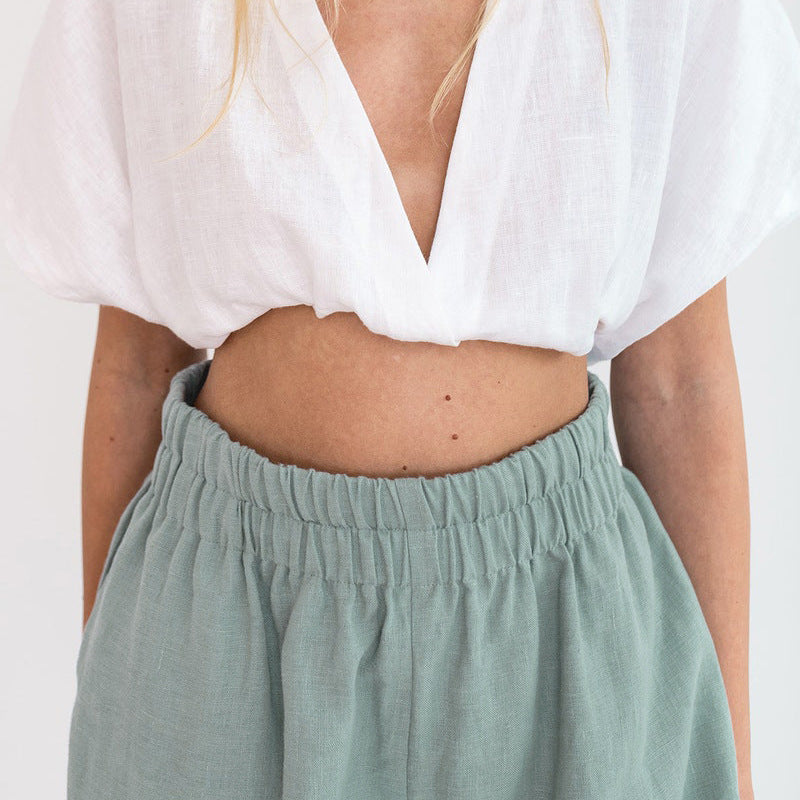 Casual Cotton Linen Shorts Elastic Waist Loose