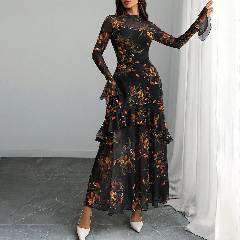 Women's Floral Print Maxi Dress, Sheer Mesh Flare Sleeve With Tiered Ruffle, Romantic Boho Casual Long Dress