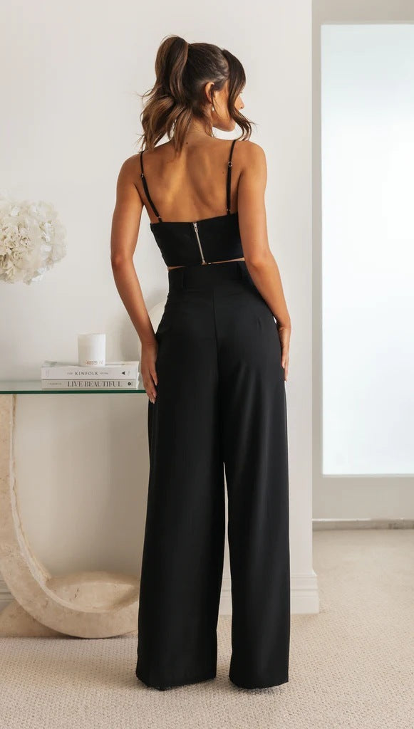 Women's Solid Color Sleeveless Suspender Short Top And Pants Set