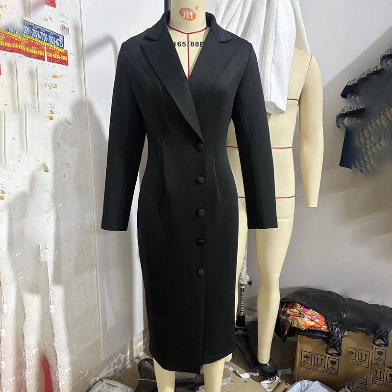 Women's Solid Color V-Neck Blazer Dress, Long Sleeve Button Down Midi Dress For Office And Formal Wear